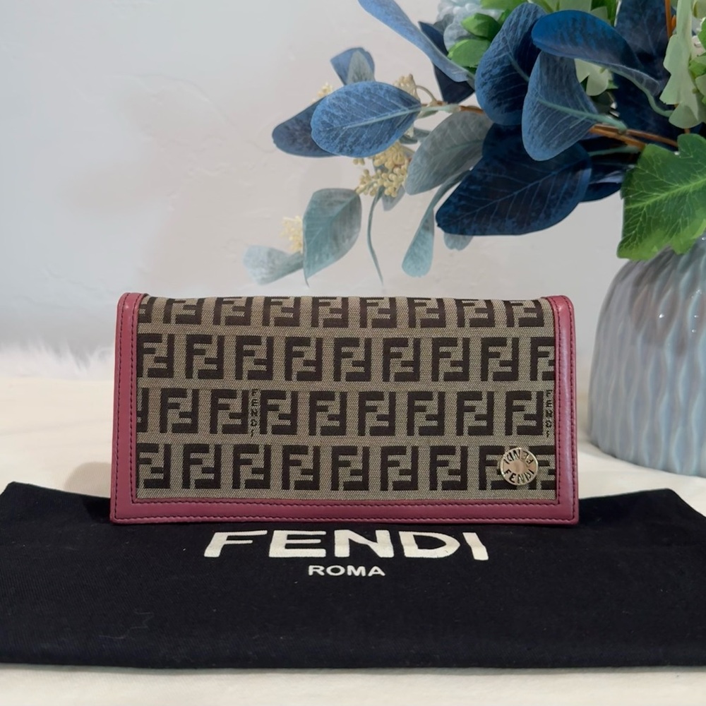 FENDI Zucchino Canvas Pink Leather Bifold Wallet with Fendi dust bag